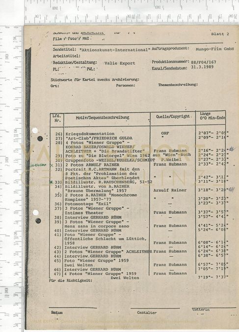 [VEC.000.704] - Schnitt- und Archivliste "Aktionskunst International", Seiten 2-12