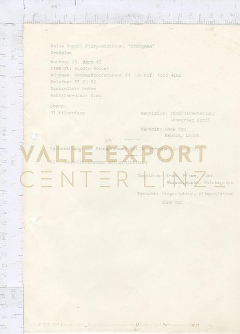 [VEC.005.970] - Syntagma - VALIE EXPORT FIlmproduktion: "SYNTAGMA". Drehplan