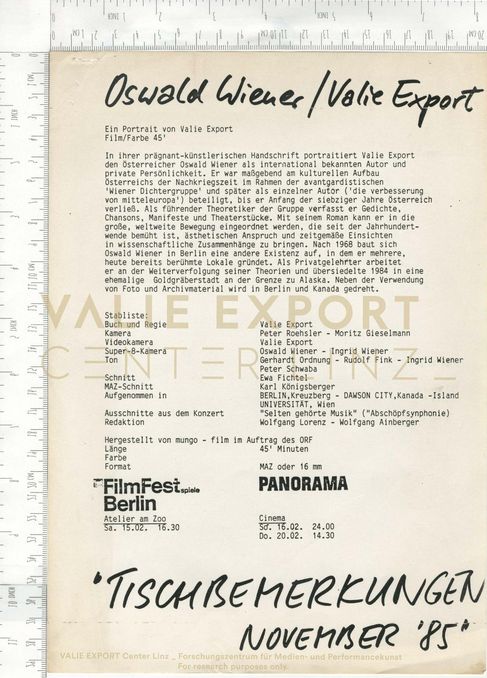 [VEC.000.887] - Oswald Wiener / Valie Export. "Tischbemerkungen November '85". Ein Portrait von