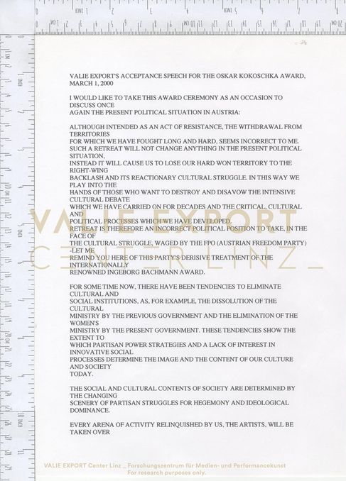 [VEC.000.975] - VALIE EXPORT'S ACCEPTANCE SPEECH FOR THE OSKAR KOKOSCHKA AWARD, MARCH 1, 2000