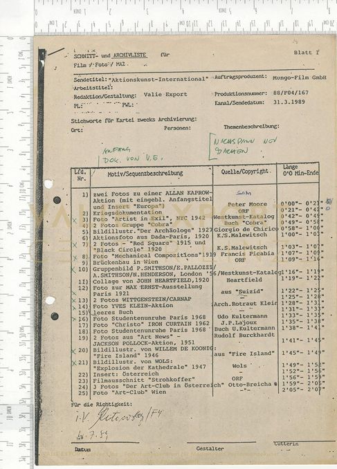 [VEC.000.349] - Schnitt- und Archivliste "Aktionskunst International", Seite 1
