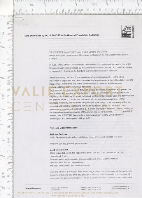 [VEC.006.052] - [ENGL. TEXTE DIV. AKTIONEN] - Films and Videos by VALIE EXPORT in the Generali F