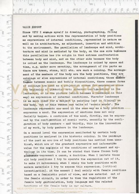 [VEC.006.082] - [ENGL. TEXTE DIV. AKTIONEN] - [VALIE EXPORT. Since 1972 I engage myself...]