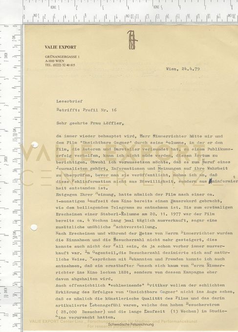[VEC.000.483] - Korrespondenz VALIE EXPORT, Sigrid Löffler