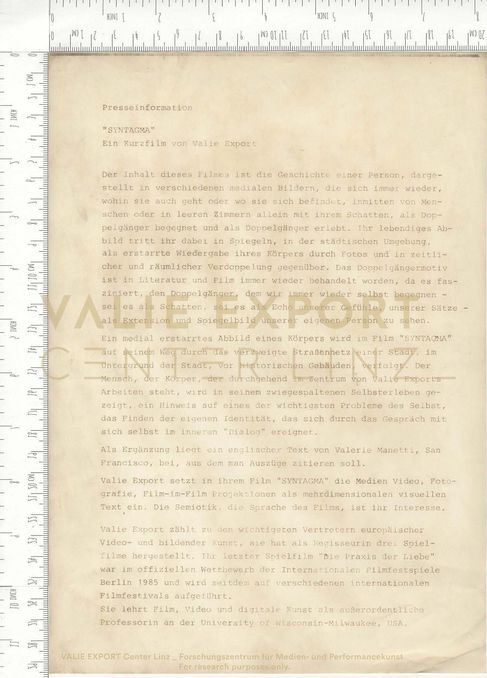[VEC.003.931] - Presseinformation "SYNTAGMA". Ein Kurzfilm von Valie Export