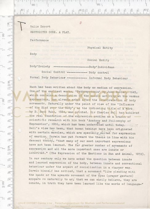 [VEC.006.104] - [ENGL. TEXTE DIV. AKTIONEN] - VALIE EXPORT, RESTRICTED CODE. A PLAY.