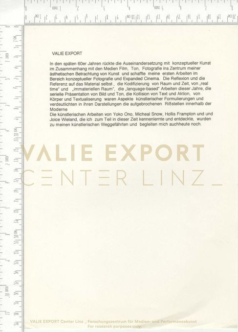 [VEC.003.890] - VALIE EXPORT. [In den späten 60er Jahren rückte die Auseinandersetzung mit kozep
