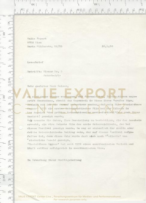 [VEC.000.523] - Korrespondenz VALIE EXPORT, Seiser