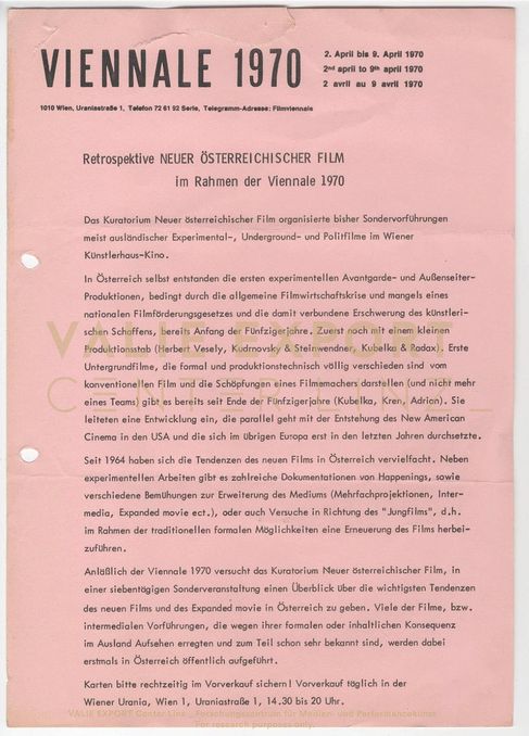 [VEC.003.451] - Retrospektive Neuer österreichischer Film im Rahmen der Viennale 1970