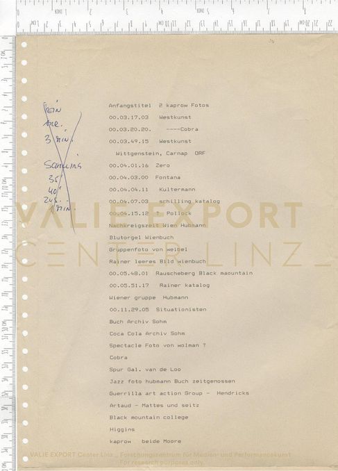[VEC.006.308] - [Recherchematerialien zu "Aktionskunst International"] - Liste