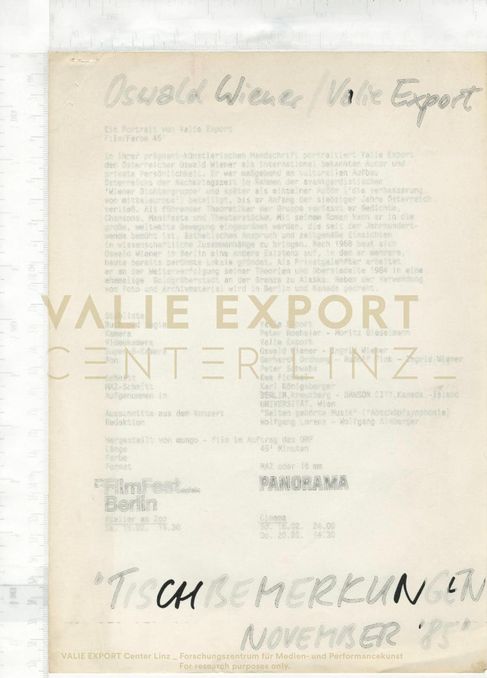 [VEC.000.887] - Oswald Wiener / Valie Export. "Tischbemerkungen November '85". Ein Portrait von