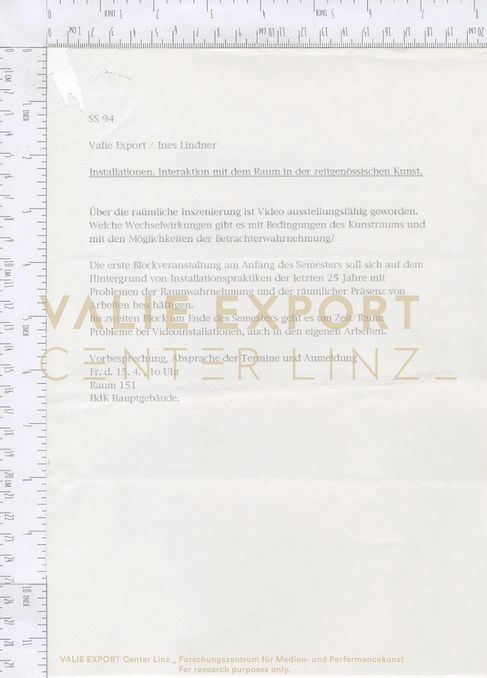 [VEC.005.917] - SS94, Valie Export / Ines Lindner, "Installationen. ..." - Übersichtsblatt zur L