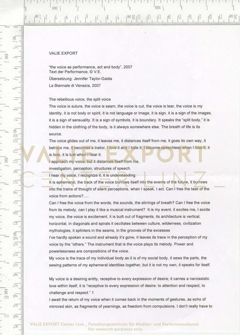 [VEC.000.844] - "the voice as performance, act and body", 2007. Text der Performance
